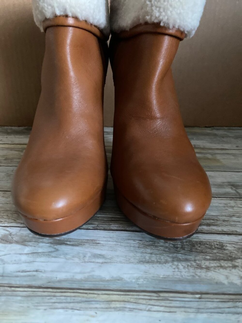 Coach Apple A7019 Leather Shearling Platform Ankle Boots Tan Size 11B - Picture 13 of 14
